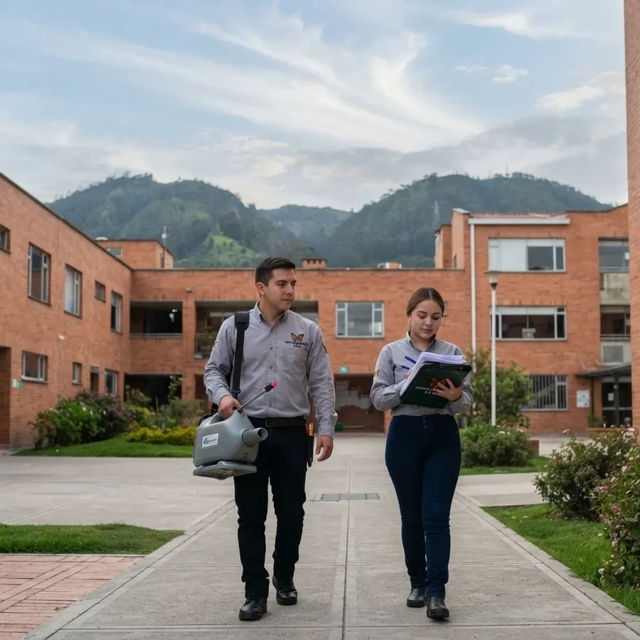 Técnicos de Macroambiental recorriendo el patio de un colegio en Bogotá