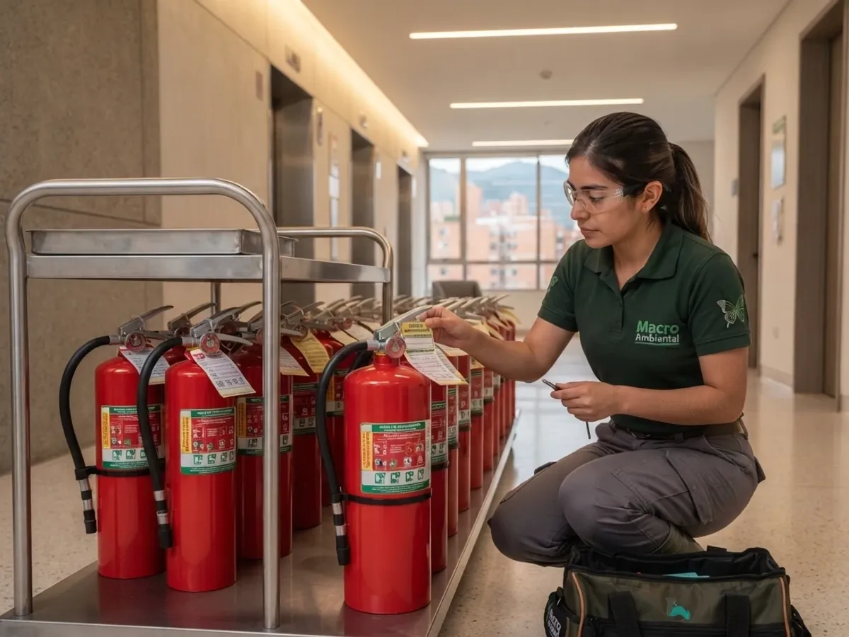 Técnica de Macroambiental revisando extintores recargados en un edificio de Bogotá