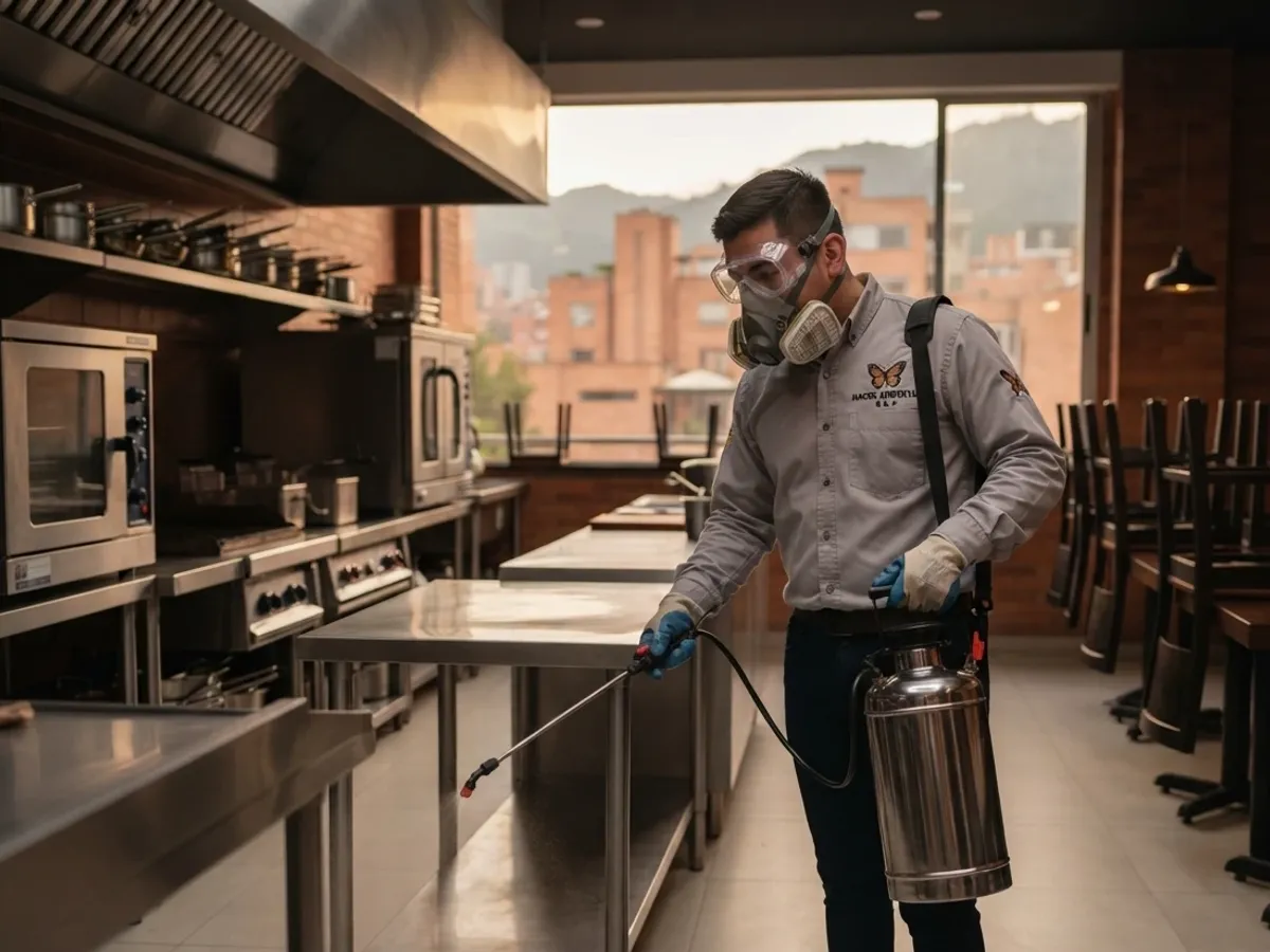 Técnico de Macroambiental aplicando control de plagas en la cocina de un restaurante de Bogotá