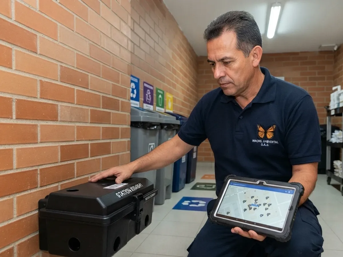 Técnico de Macroambiental revisando una estación de cebo para roedores en Bogotá
