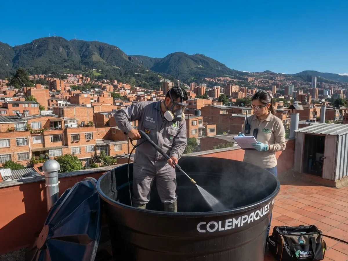 Técnicos de Macroambiental lavando un tanque de agua en una terraza de Bogotá